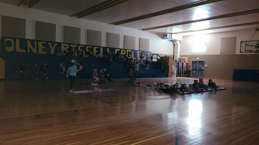 students watching a movie in a gym 